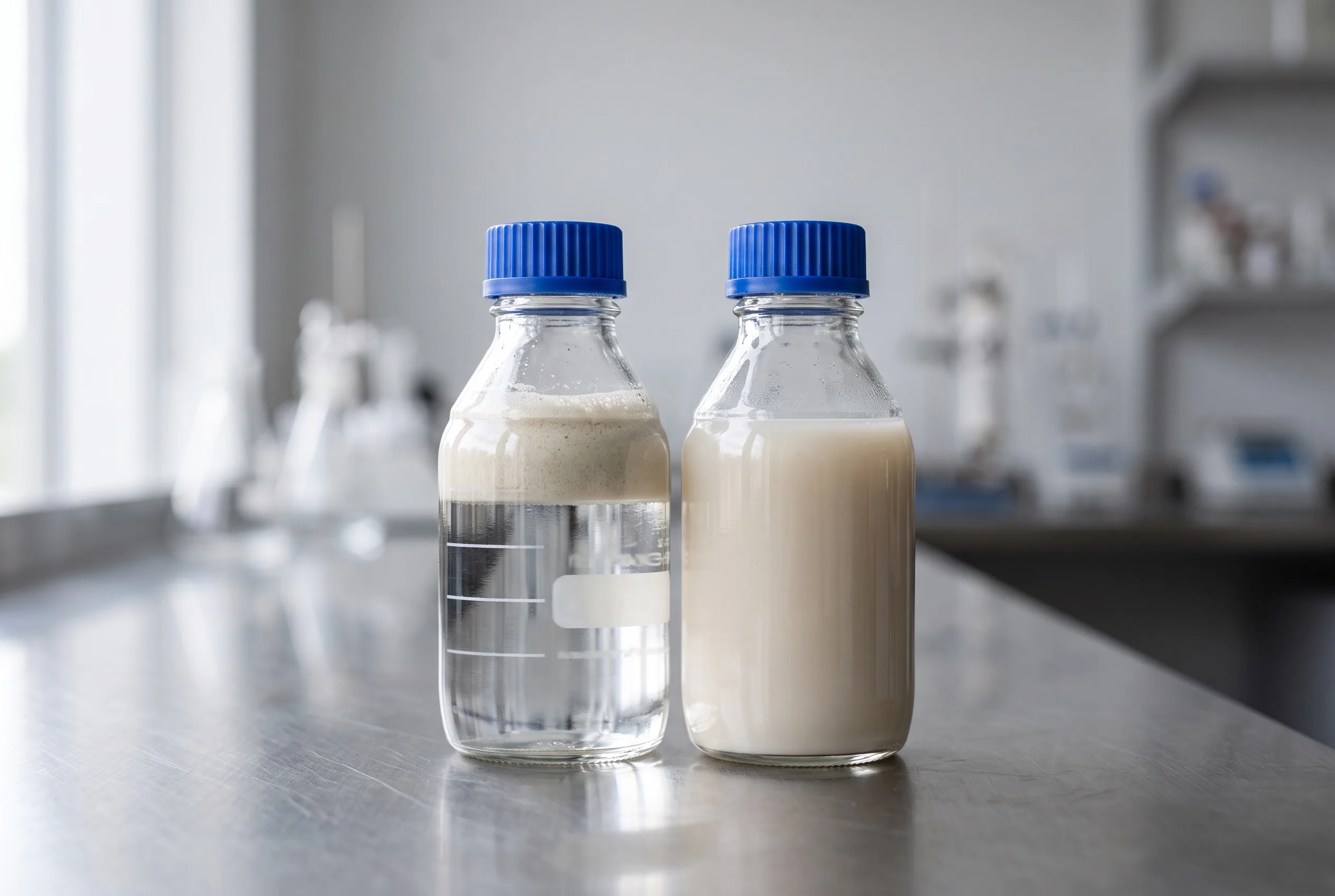 Glas met wateroplosbare verf op een labtafel