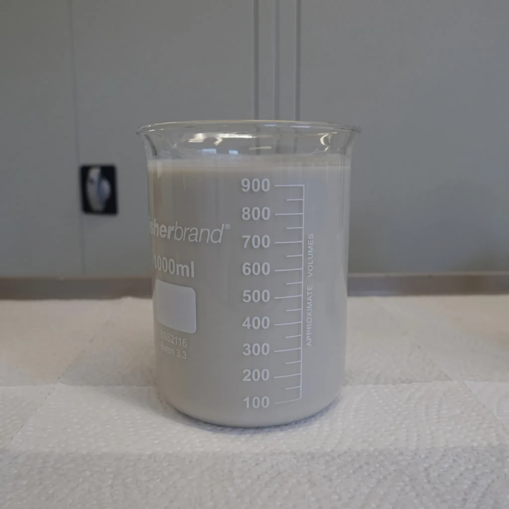 Origineel verfspoelwater – bekerglas met melkwitte vloeistof